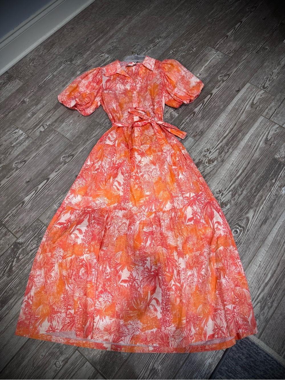 Pinch Coral & Orange Floral Midi Maxi Dress with Puff Sleeves